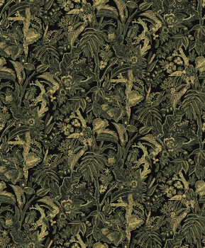 Čierno-zeleno-zlatá vliesová tapeta s kvetinami a listami, SUM505, Summer, Khroma by Masureel