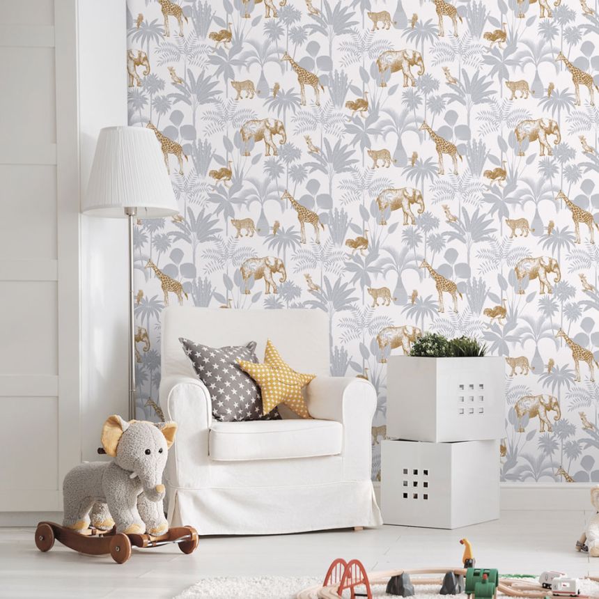 Detská vliesová tapeta s palmami a zvieratkami, 976-2, Mika,  ICH Wallcoverings