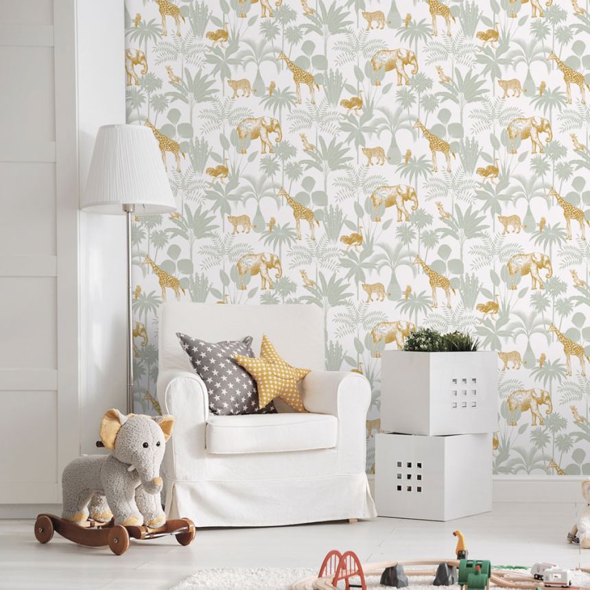 Detská vliesová tapeta s palmami a zvieratkami, 976-4, Mika,  ICH Wallcoverings