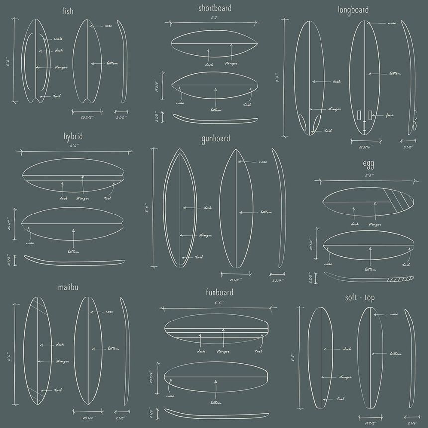 Sivozelená vliesová tapeta s nákresmi surfov 128870, Regatta Crew, Esta